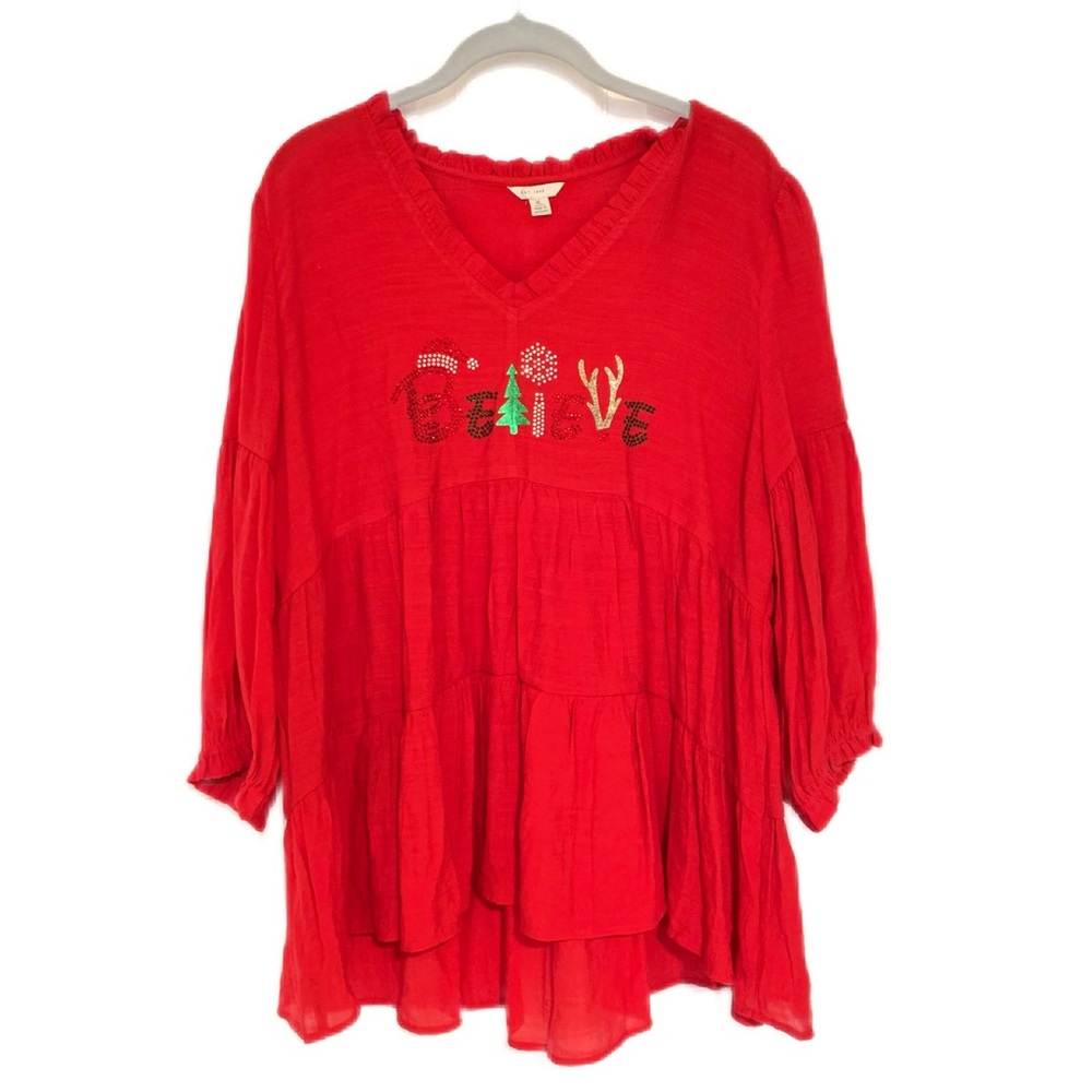 EST. 1946 SZ XL Red “Believe” Embellished Loose Fit Pullover Christmas Blouse